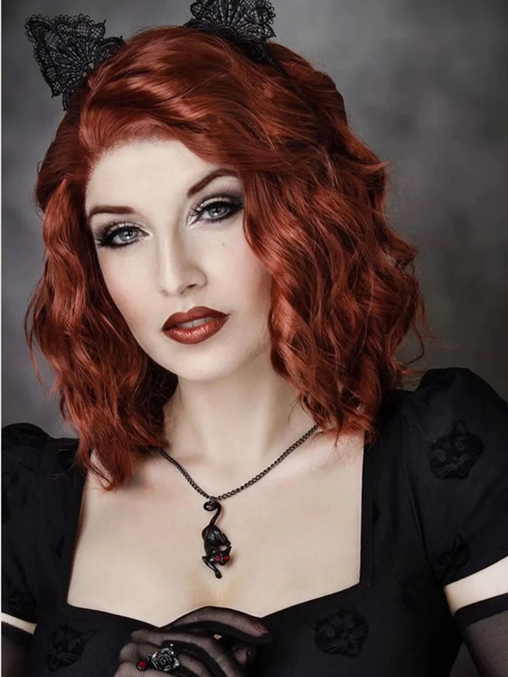 Fairy Cat Sith Black Cat Necklace Red Crystal Eyes Alchemy Gothic kitty pendant
